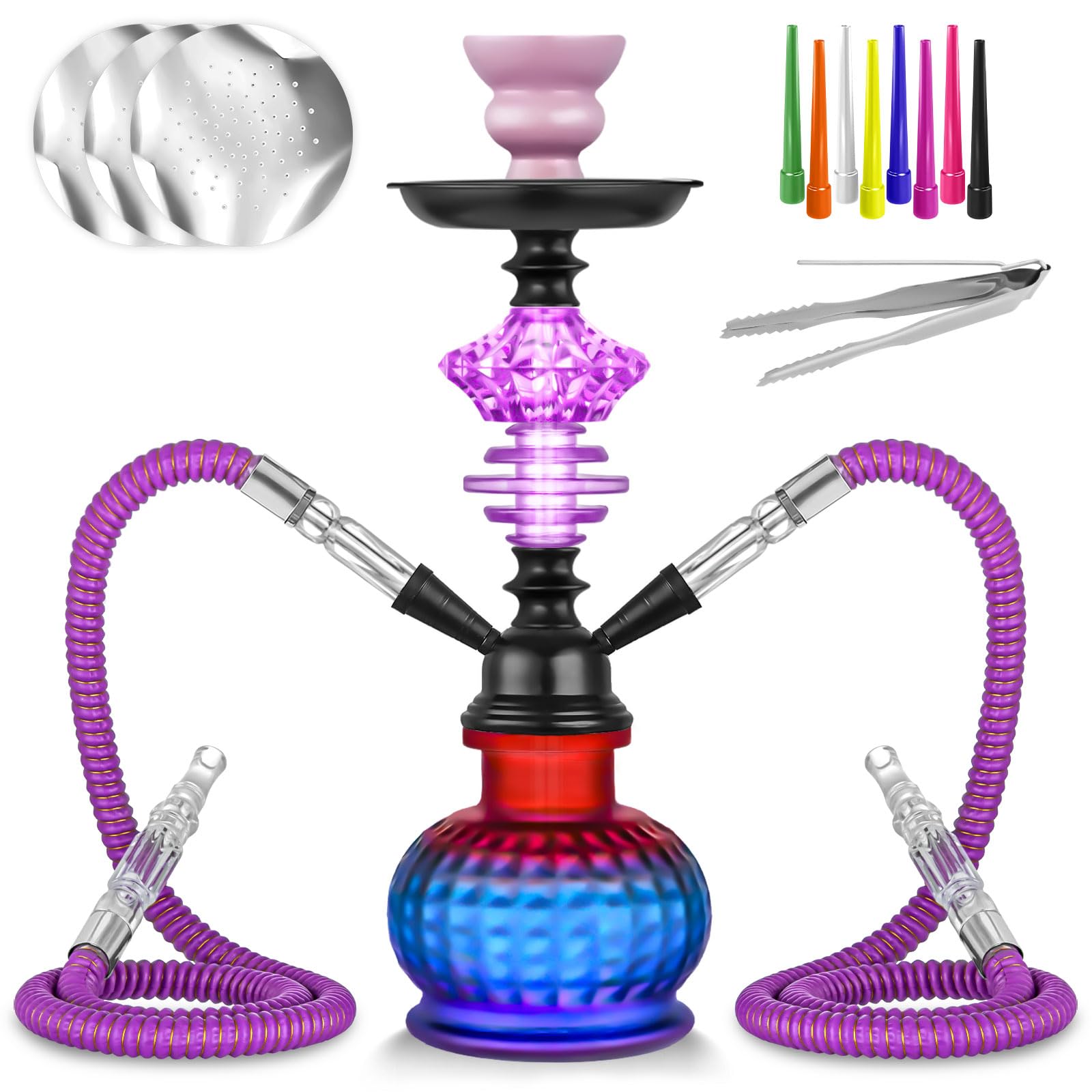 Photo 1 of 12'' 2 Hose Hookah Set With Everything - Modern Glass Vase, 50 Foil, 50 Tips (Purple)