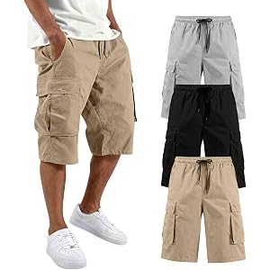GQN Mens Cargo Shorts 3 Pack Elastic Waist Casual Summer Work Shorts with Multi Pockets Lightweight Athletic Shorts