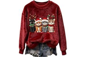 Ugly Christmas Sweaters for Women Flannel Cute Cat Printed Crewneck Pullover Tops Long Sleeve Funny Christmas Sweater