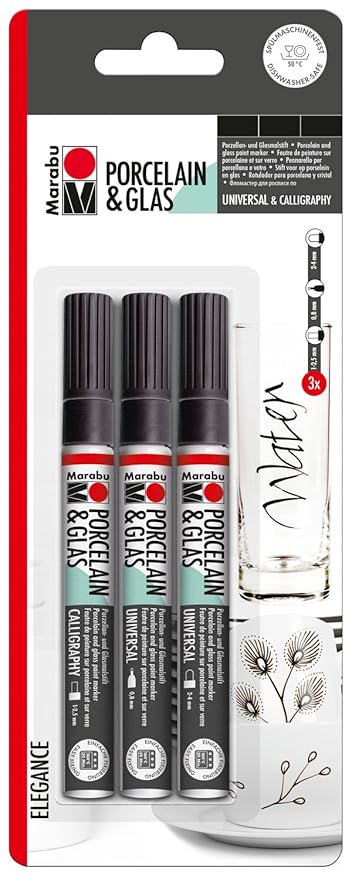 Marabu 012300084 - Porcelain und Glas Painter, 3 Verschiedene Spitzen, Elegance 3er Sortierung, schwarz