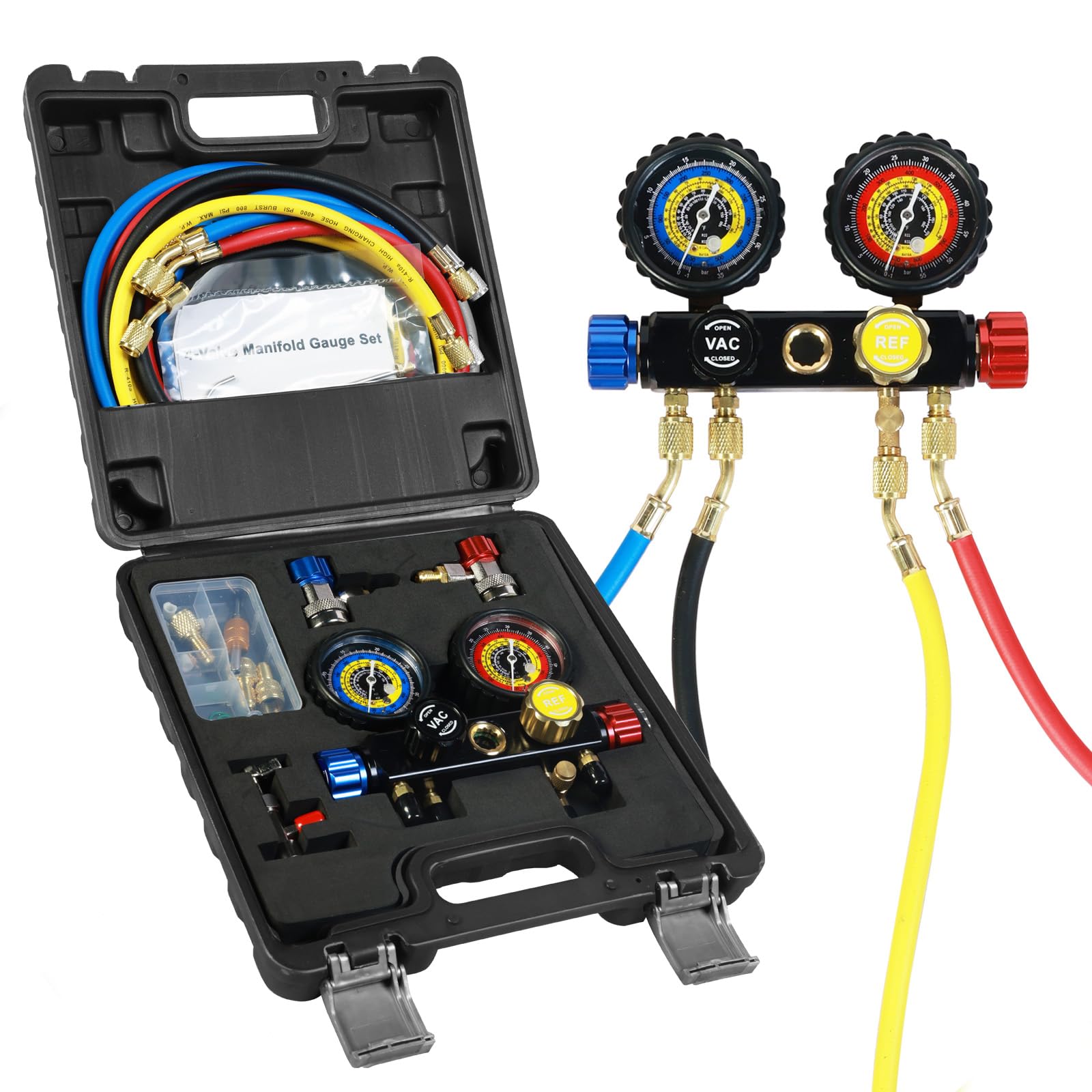 Photo 1 of Jack Boss 4 Way AC Gauge Set for R410a R22 R134a Refrigerant, 4 Valve Automotive AC Manifold with 5ft Hoses, R410a Adapters