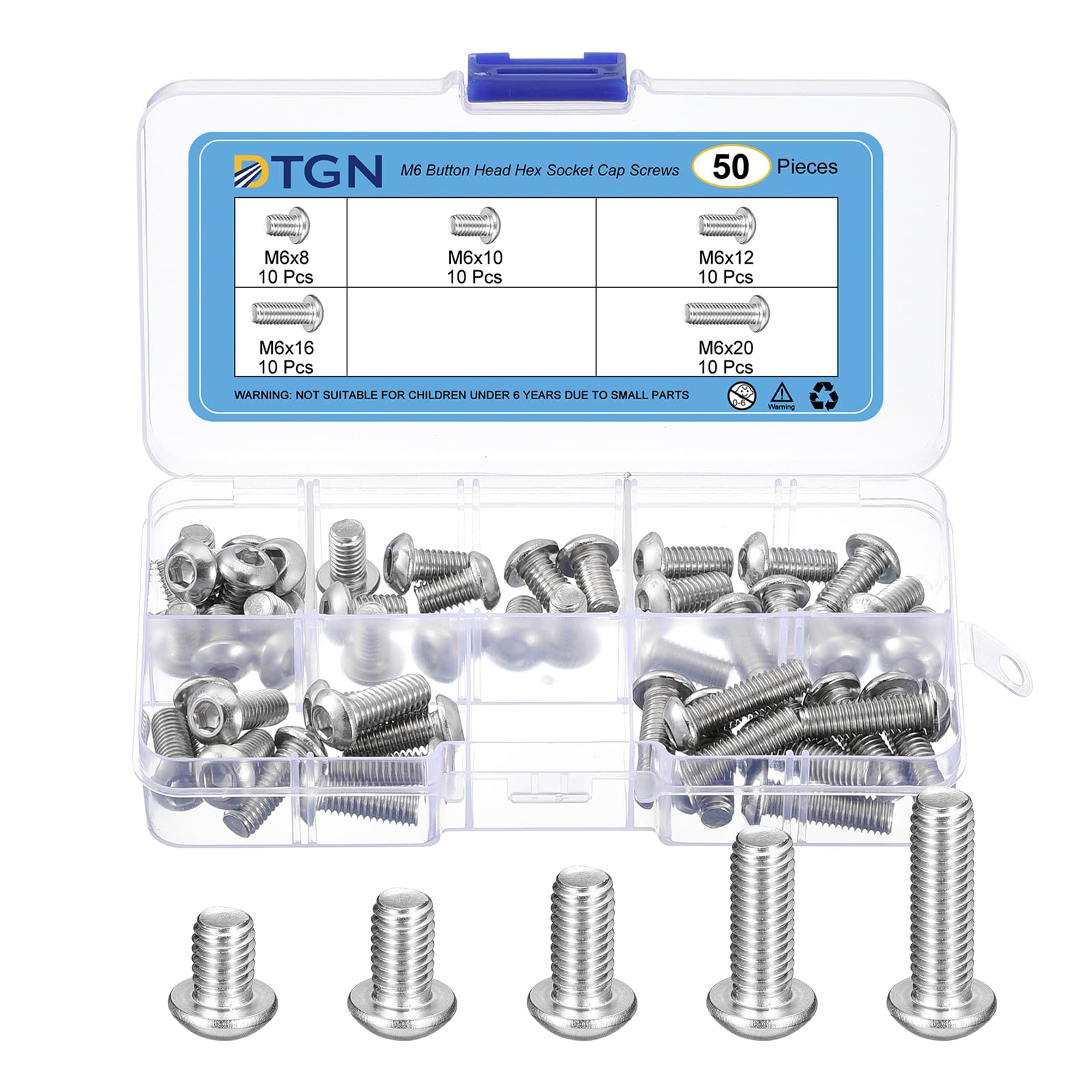 DTGN 50Pcs M6 Button Head Socket Cap Screws Kit - 8/10/12/16/20mm 304 Stainless Steel 18/8 Full Thread Hex Socket Cap Screw Assortment - Good for Machine, Furniture Repairing