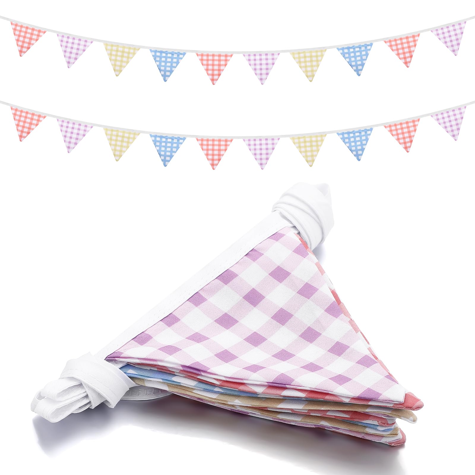 Photo 1 of Breling 2 Pack 4 Colors Gingham Pattern Party Supplies Triangular Flag Banner, 102 Inch Checkered Pennant Bunting Garland for Birthday, Festival, Baby Shower, Wedding Party Decorations