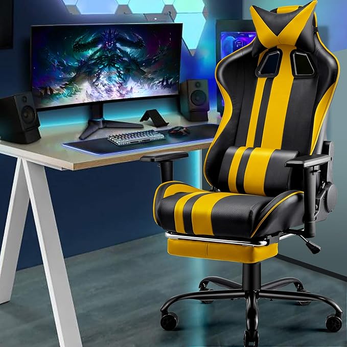 Soontrans Gaming Stuhl Burostuhl Chefsessel Mit Wippfunktion Hohenverstellbare Armlehnen Mit Fussstutzen Lenden Und Kopfkissen Gelb Amazon De Kuche Haushalt
