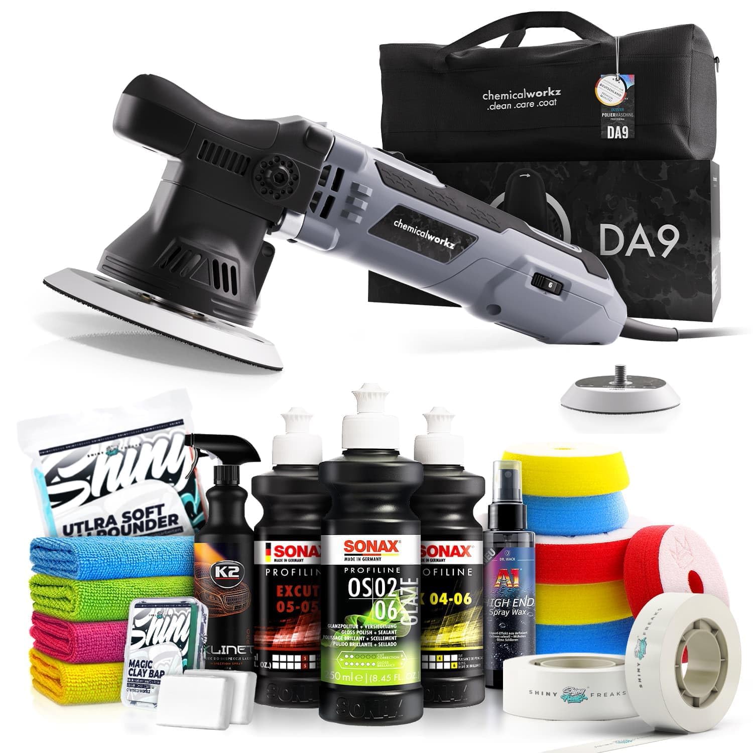 Poliermaschinen Set: chemicalworkz DA9 Exzenter Poliermaschine + Sonax Politur Set + Royal Pads Premium Polierpads + Dr. Wack Versiegelung für Lack + Zubehör | 20-teilig
