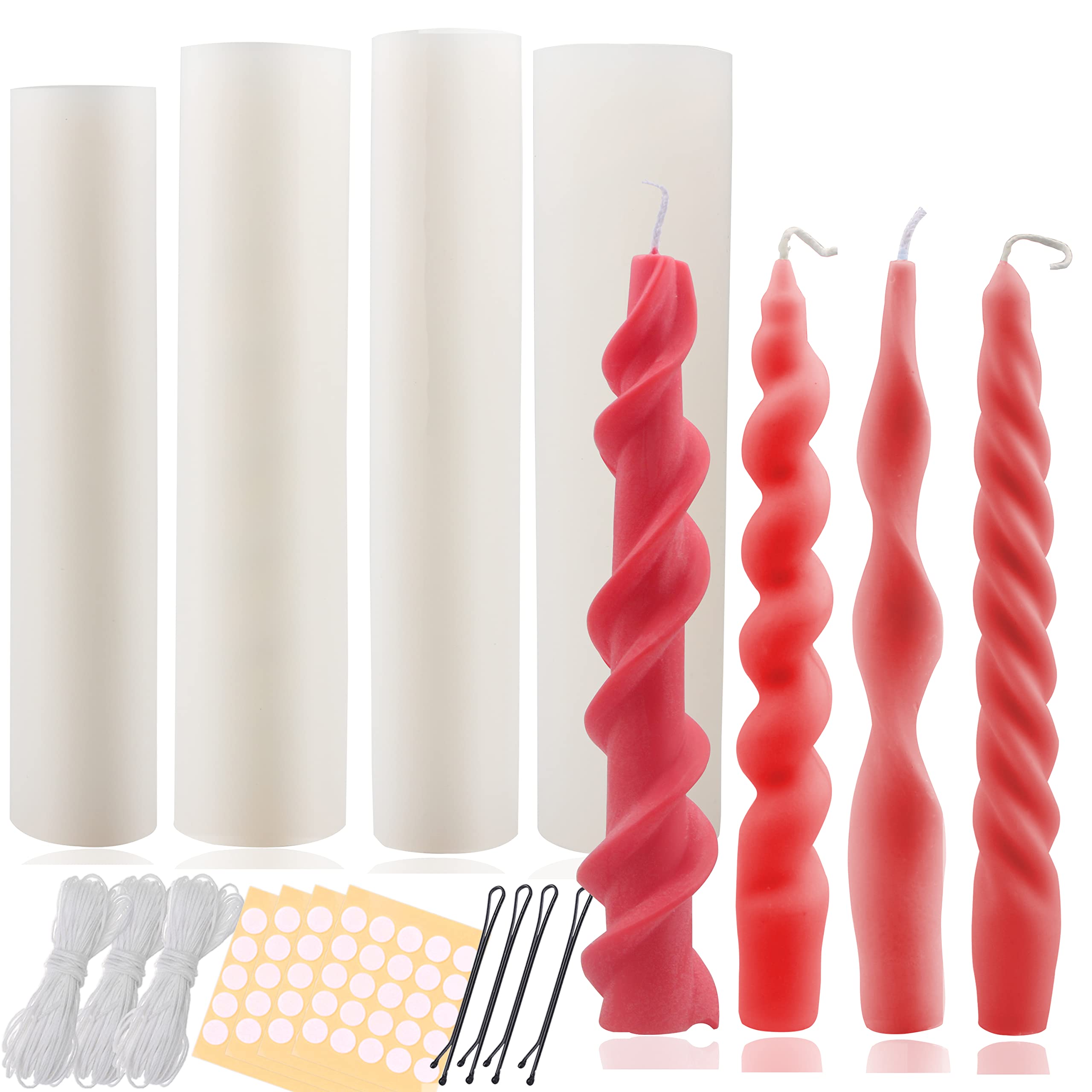 MILIVIXAY 4 Pieces Spiral Taper Silicone Candle Molds Creative Rotating Twisted Pillar Candle Mold -90 Ft. of Wick, 100pcs Wick Stickers and 4pcs Wick Clips Included As A Gift