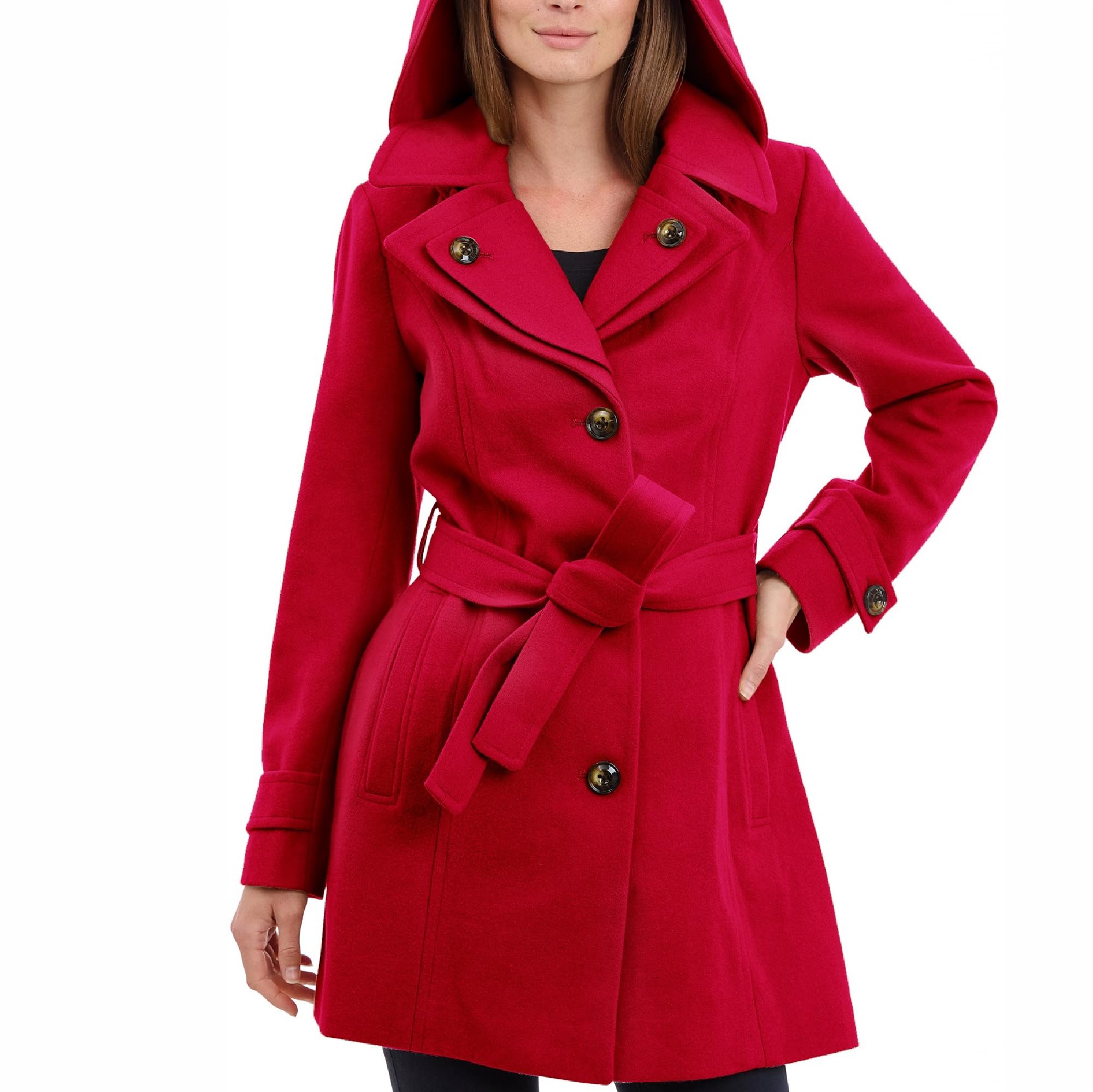Photo 1 of LONDON FOG women's Double Lapel Thigh Length Button Frontwool With Belt Wool Coat, Red, Large US