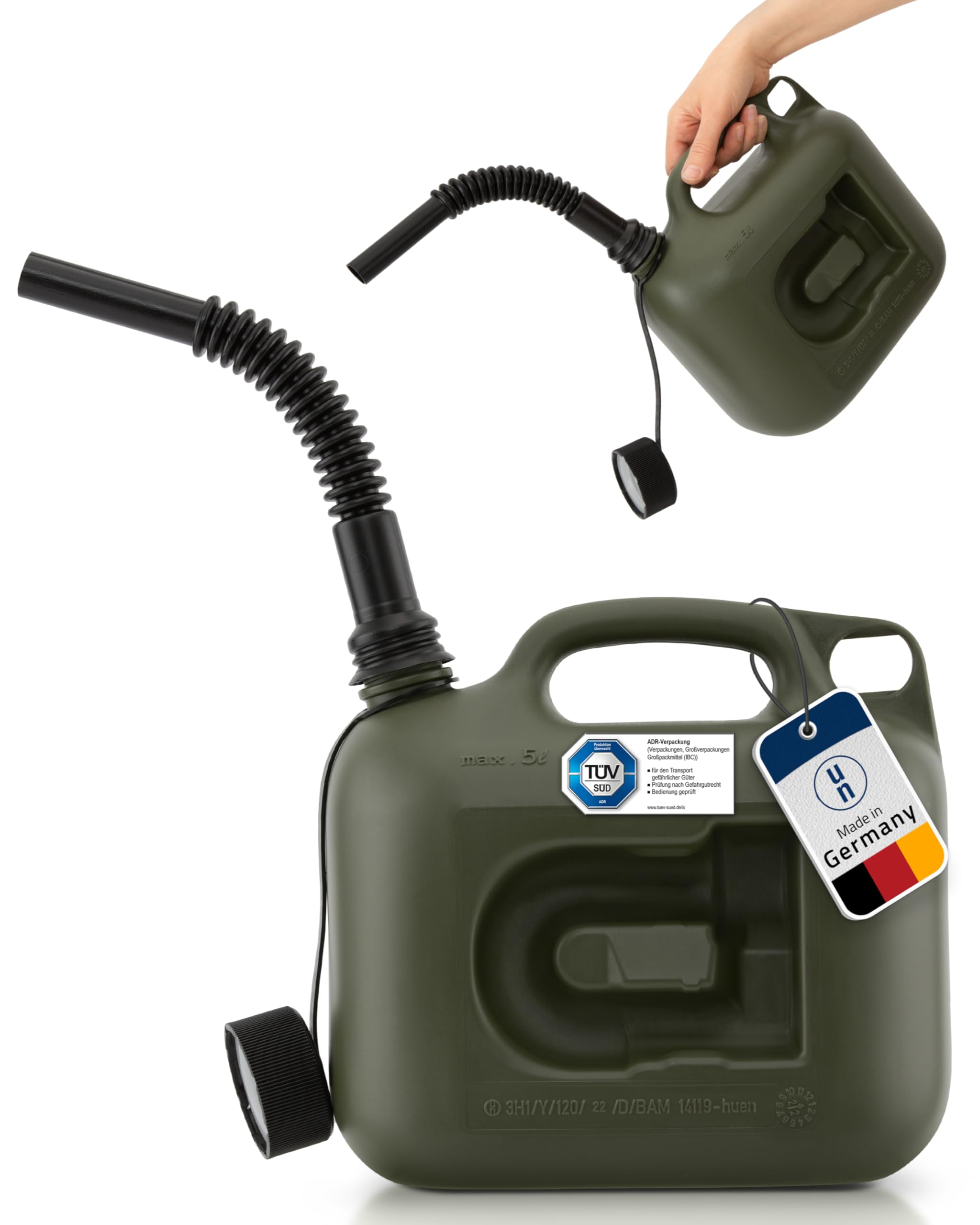 Hünersdorff Kraftstoff-Kanister Profi 5L für Benzin, Diesel und andere Gefahrgüter, UN-Zulassung, Made in Germany, TÜV-geprüfte Produktion, oliv 4