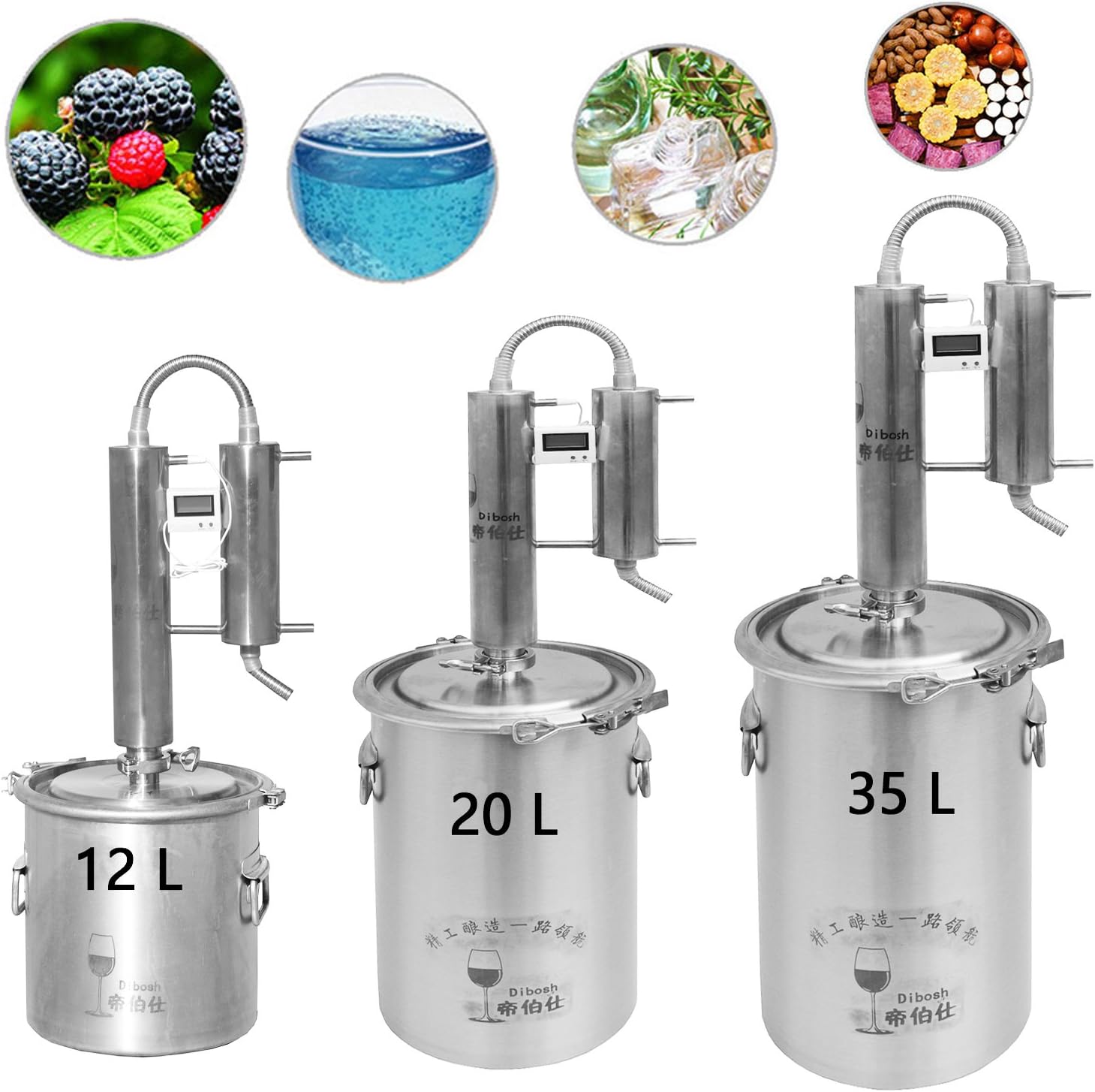 12~35 L Home DIY Distiller Moonshine Stainless Still Rose Water Distillation Oil Brew Kits Digital Thermometer (35L, 304 Stainless)