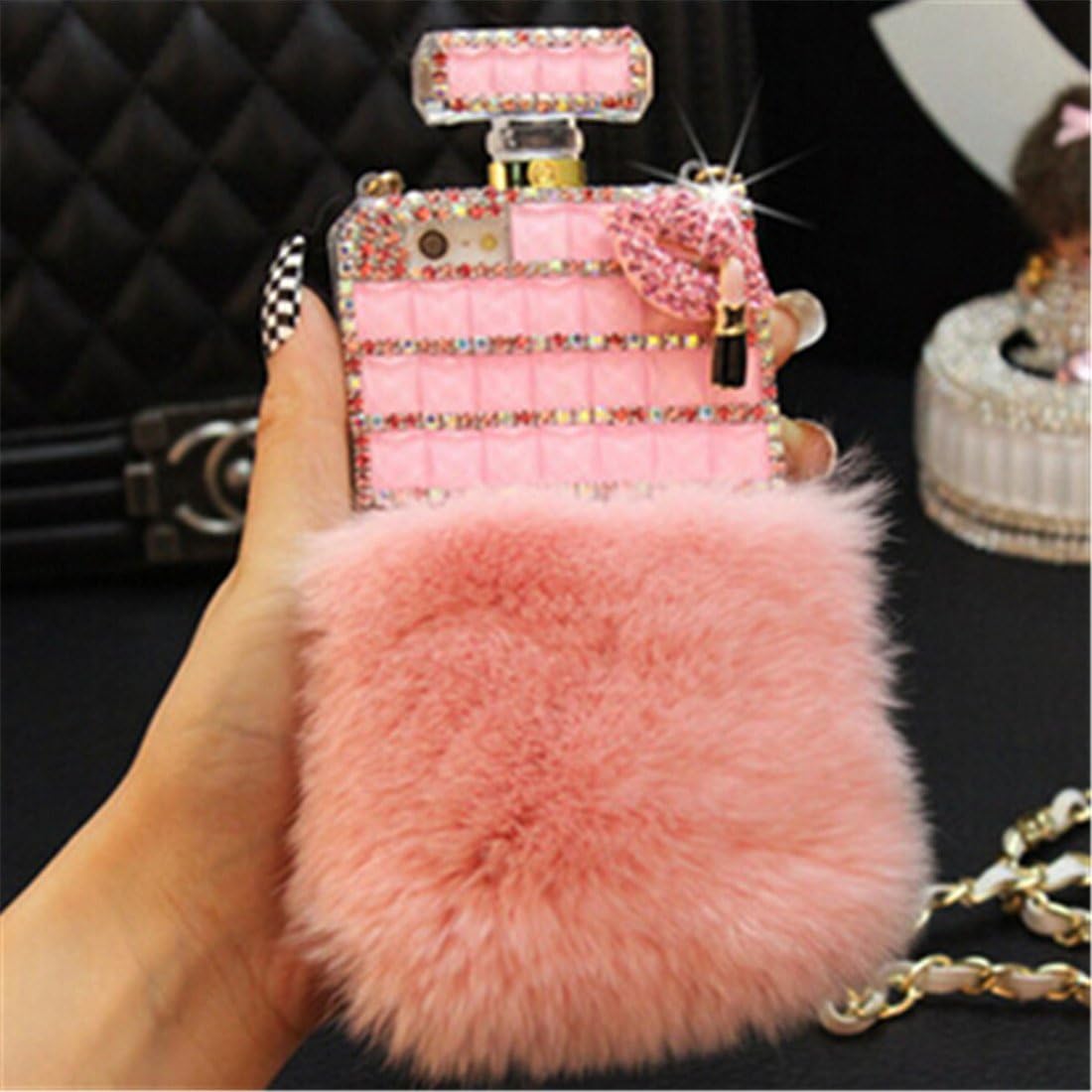 Fusicase for Galaxy Note 8 Perfume Case, Luxury Shiny Crystal Perfume Bottle Bling Rex Rabbit Fur Bling Diamond Hair Plush Back Case with Crossbody Neck Strap Lanyard for Galaxy Note 8 Pink