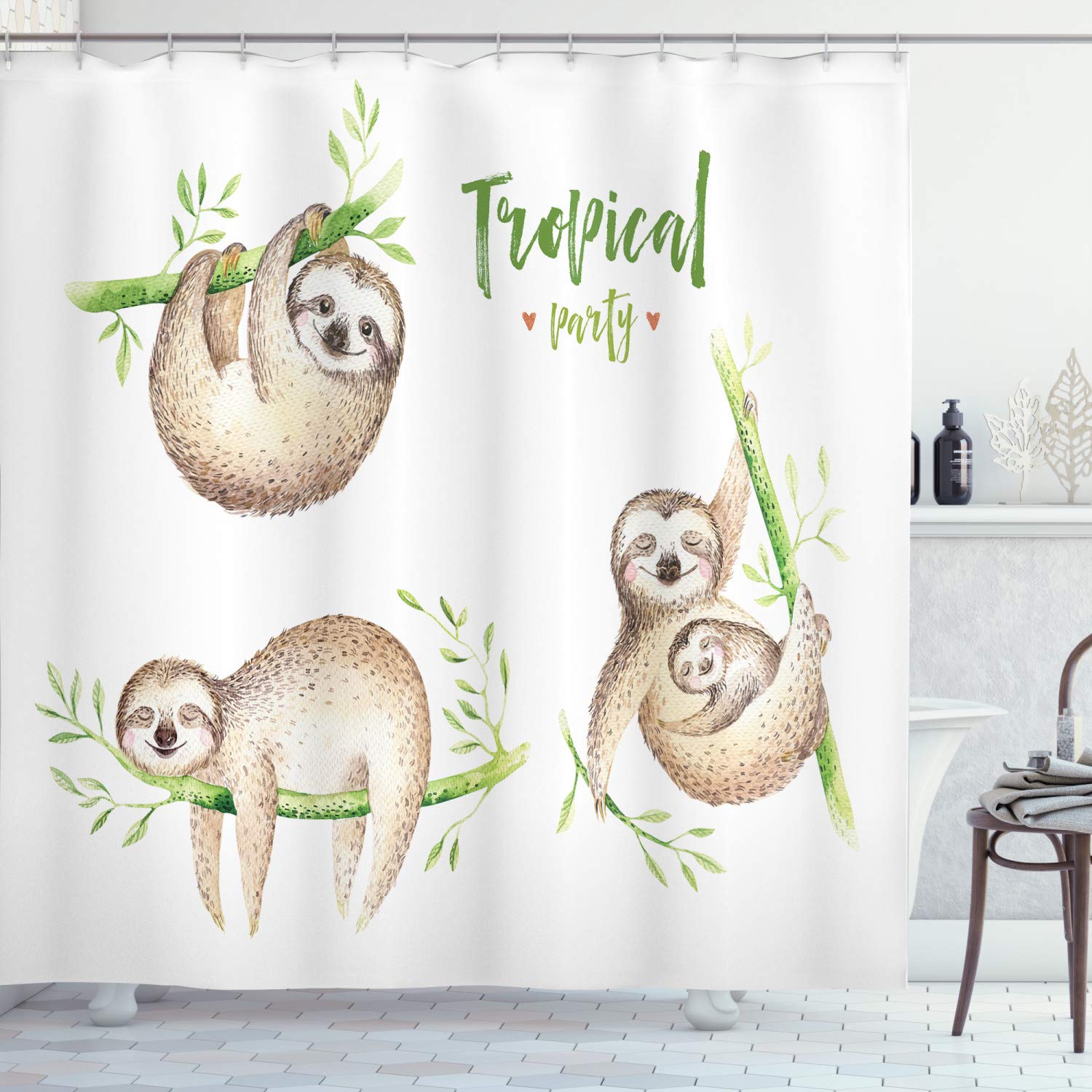 ABAKUHAUS Sloth Shower Curtain, Babies in Tropical Nature Theme Exotic Palm Tree Leaves Nursery Aloha, Cloth Fabric Bathroom Decor Set with Hooks, 78 Inches, Pale Brown Green
