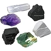 Amazing Gemstone Crystals for House Protection Manifestation, Set of 6 Amethyst, Scolecite, Shungite, Black Tourmaline, Selenite and Moss Agate Healing Crystals and Stones