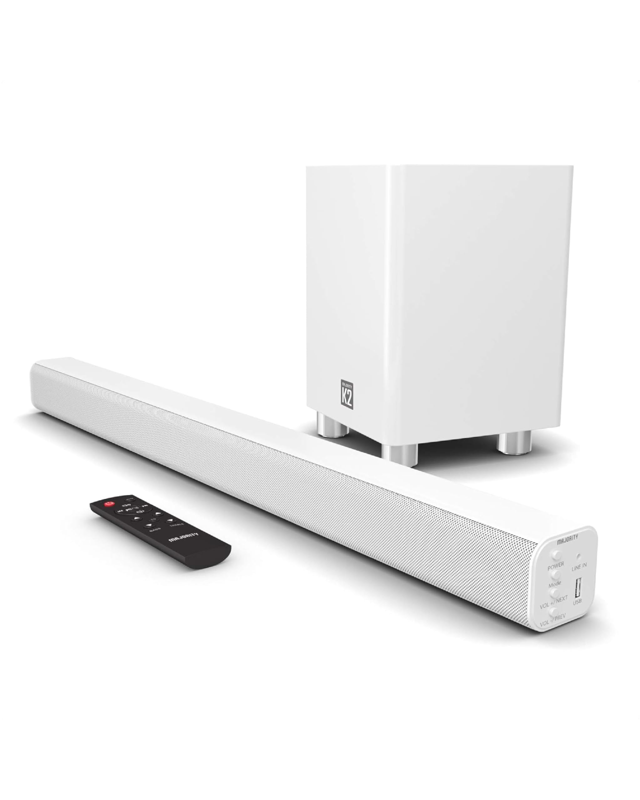 MAJORITY Home Cinema Soundbar for TV with Subwoofer I 3D Theater Surround Sound System with 150W and 2.1 Channel Speakers I Bluetooth, AUX, Optical, and USB with Auto Power Off Function I K2 White