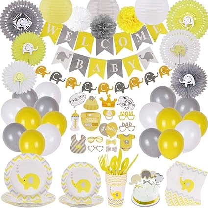 Amazon Com Baby Shower Decorations And Tableware Set Serves 25 Girl Boy Neutral Gender Reveal Party Supplies Yellow And Gray Baby Elephant Theme Balloons Banners Plates Napkins Props And