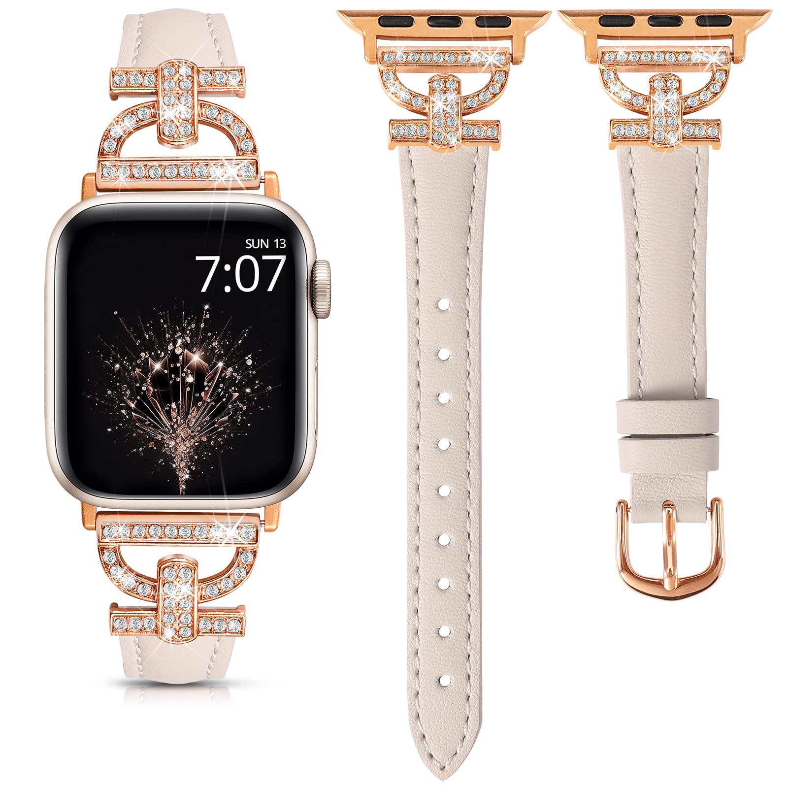 TOYOUTHS Leather Strap Compatible with Apple Watch Straps 41/42/38/40mm Women Slim Band D-Shaped Metal Buckle Rhinestones Luxury Bracelet for iWatch 11 10 9 8 7 6 5 4 SE 3 2 1, Starlight/Rose Gold