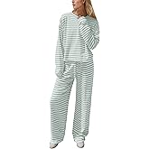 AIHUKOCY Women Striped Two Pieces Lounge Set Stripes Long Sleeve Crew Neck Tshirt Top Drawstring Wide Leg Pants 2pcs Sets