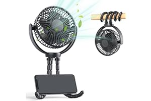 ATEngeus Stroller Fan, Mini Portable Clip on Fan, 3 Speed Battery Operated Fan, 5000mAh Rechargeable Fan, 720° Rotate Flexible Tripod Handheld Fan for Car Seat Camp Treadmill Travel