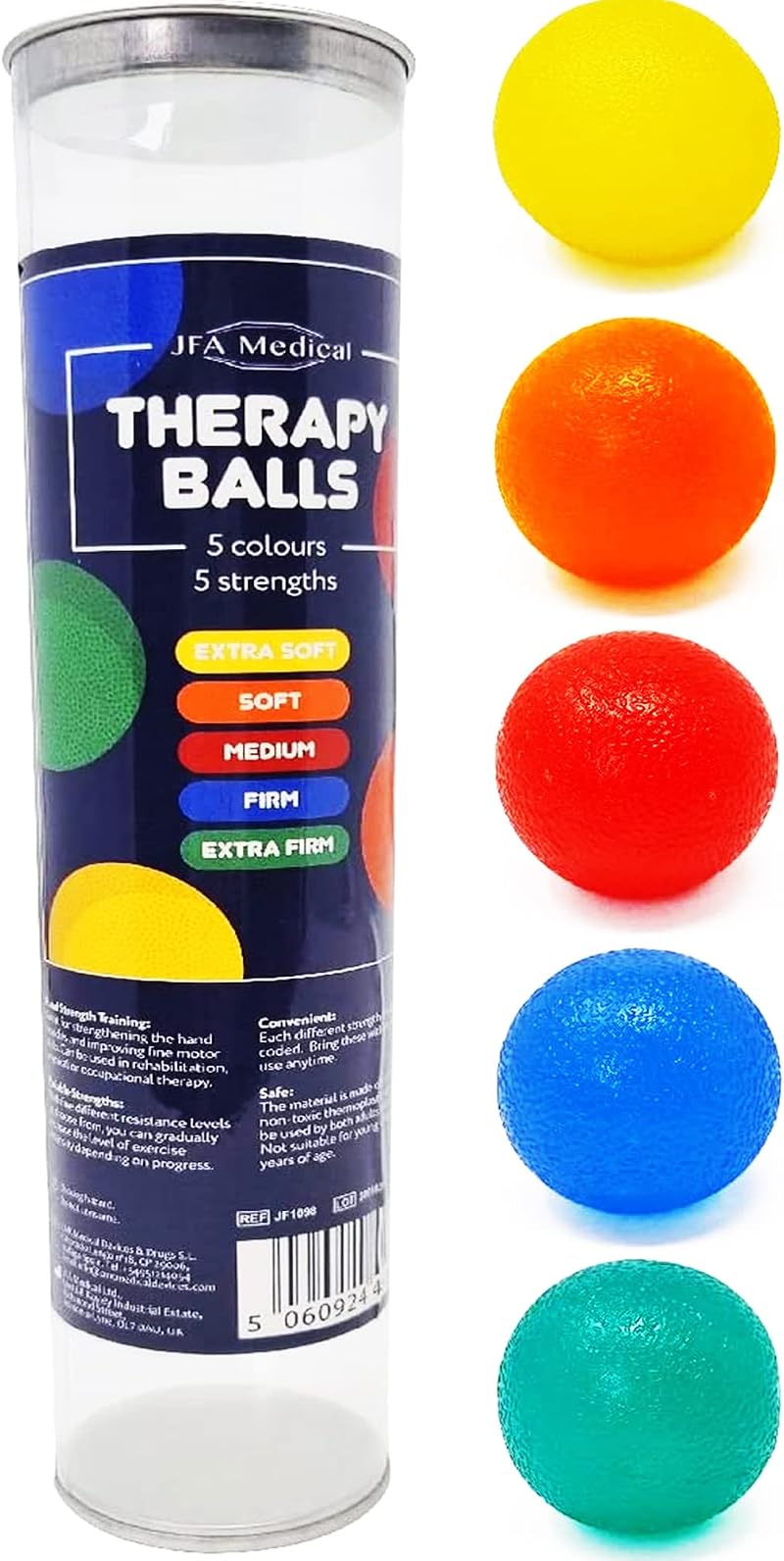 JFA Medical Hand Therapy Exercise Balls 5 Strengths Extra Soft to Extra Firm