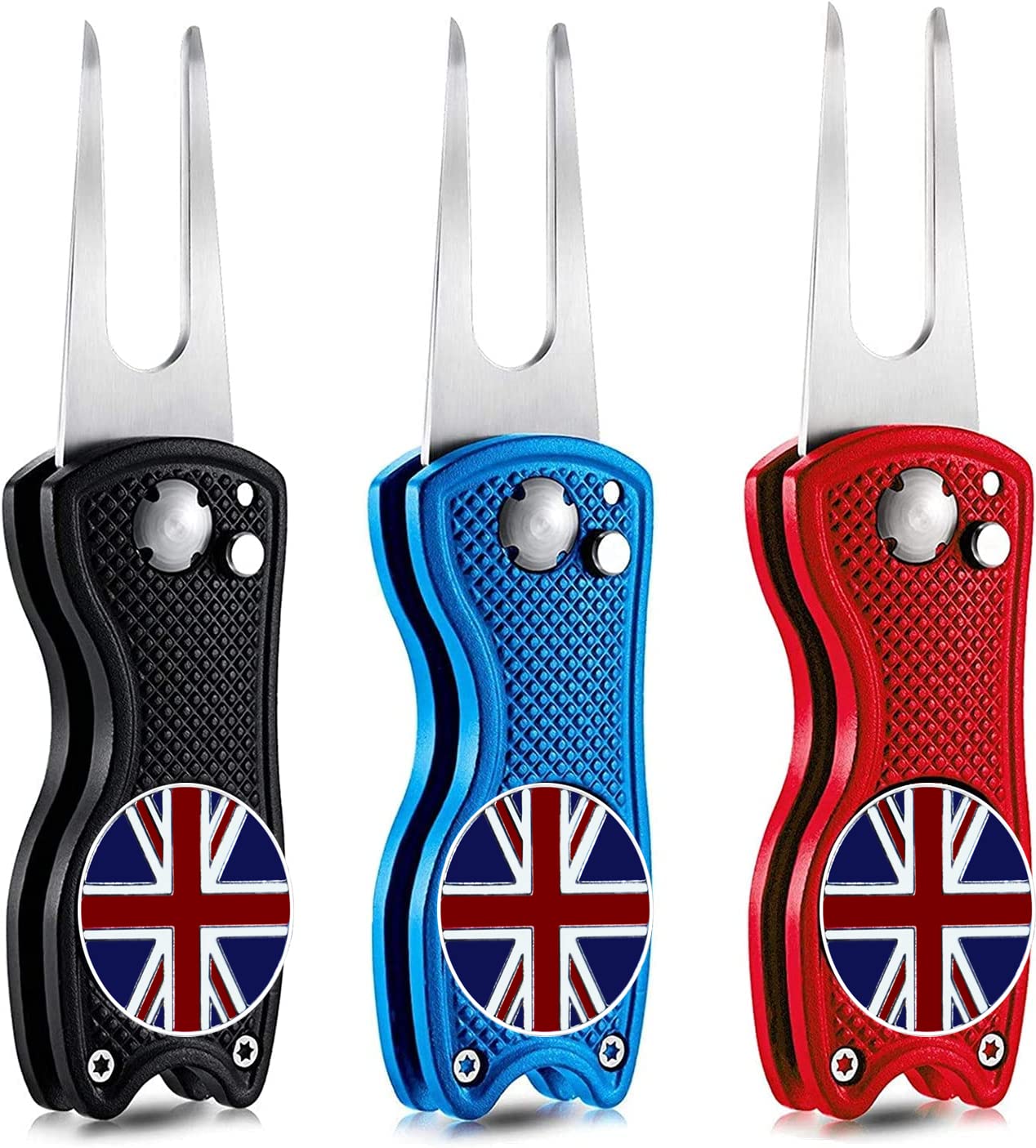 FINGER TEN Golf Divot Repair Tool With 3 Ball Marker Value Pack, Sturdy Solid Pitch Fork Golf Club Pocket Extra 3 Ball Makers Color (3 Pack Cat Mixed(Blue+Black+Red))