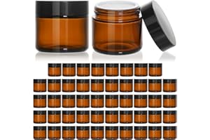 KEYWING 2oz Small Glass Jars with Black Lids, 48 Pack Amber Glass Cosmetic Jars, Round Empty Sample Container with Inner Liners for Lotions, Cream, Powders and Ointments