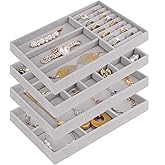 Cirhy 4 Stackable Jewelry Trays Organizer Set for Drawer, Jewelry Organizers and Display Case Storage, Velvet Drawer Inserts Organizer for Necklace Bracelets Earrings Organizer, Gift For Her, Grey