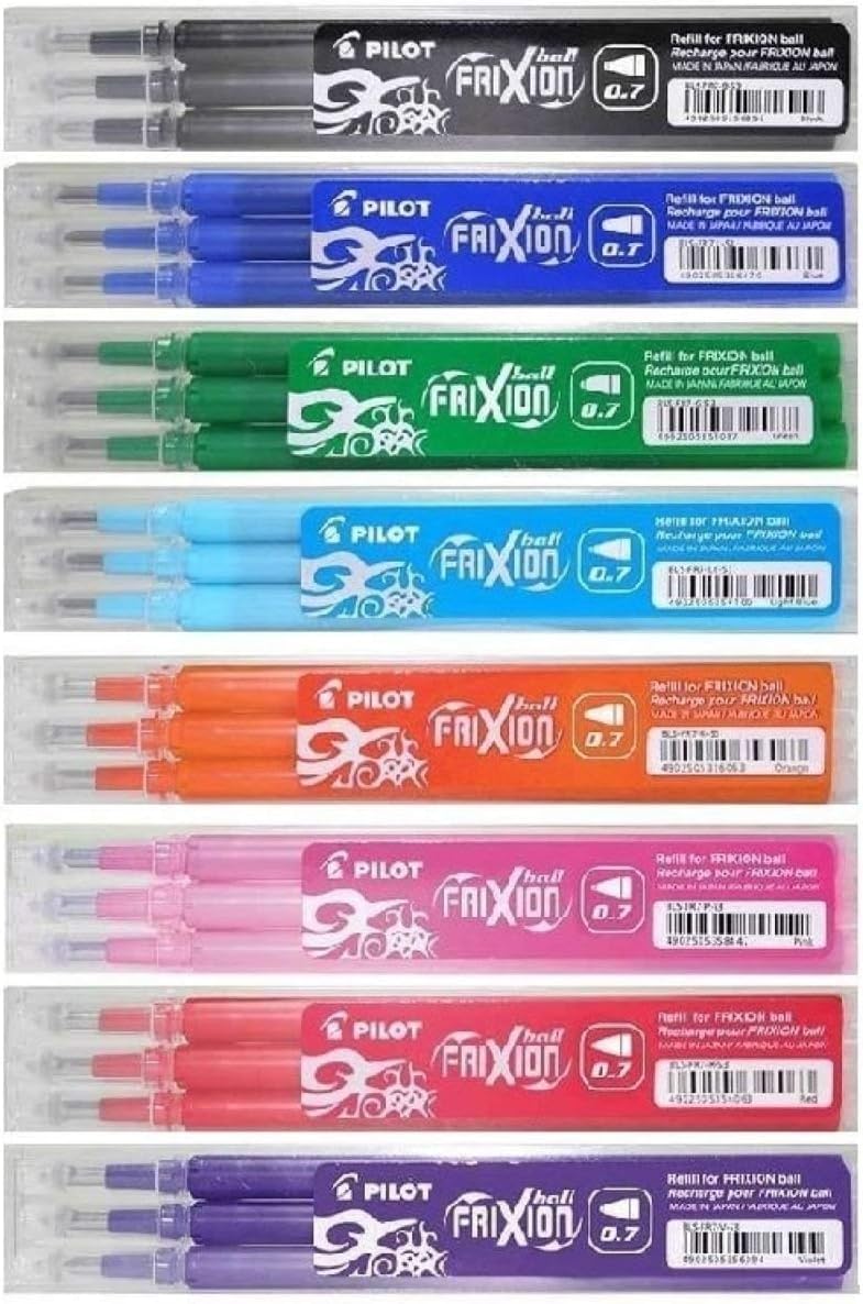 Pilot Frixion 0.7mm Tip Rollerball Erasable Pen Refills BLS-FR7 (One Pack Of Each Colour - 10 Refill Packs - Black, Blue, Red, Green, Light Green (Lime), Orange, Light Blue, Pink, Violet & Brown