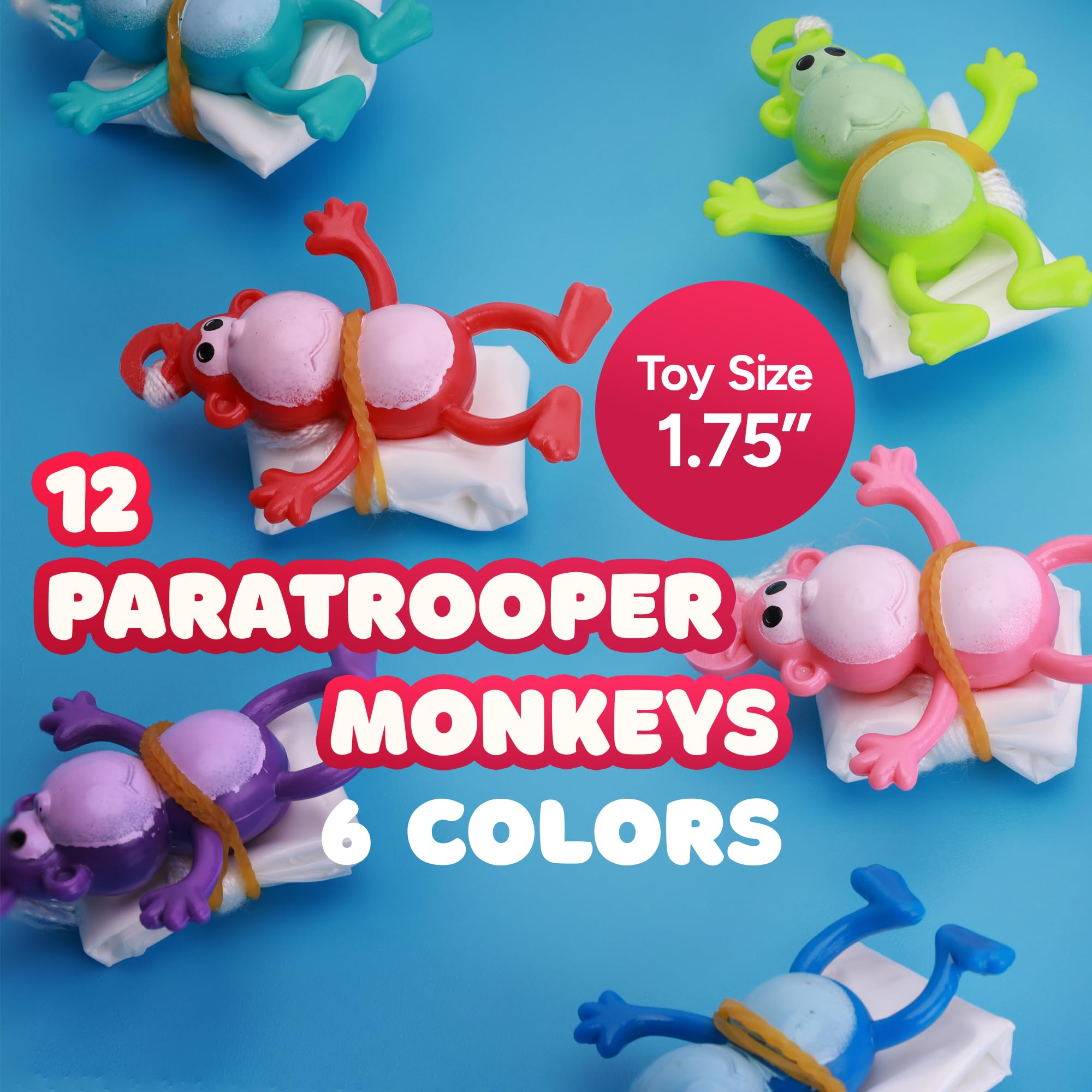 Entervending Parachute Toys for Kids - Pack of 12 Multicolor Monkey Paratrooper Toy - Flying Toys for Boys & Girls - Party Favors & Summer Activities
