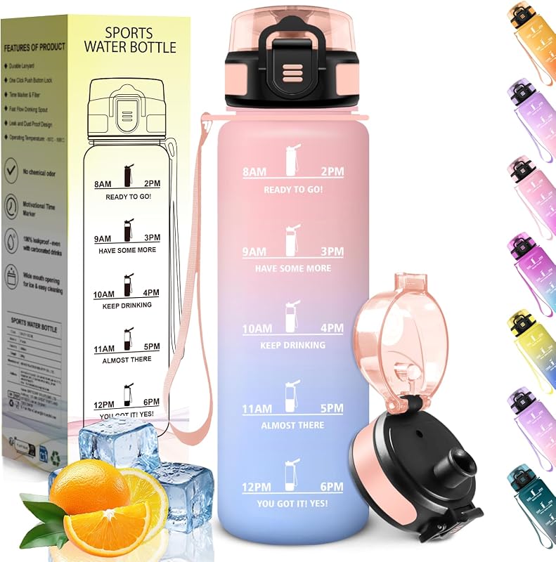 Botella Agua, 1L, Marcador de Tiempo, Portátil, Cantimplora, Libre de BPA, Botella Agua Gimnasio, A Prueba de Fugas, Water Bottle para Gimnasio, Ciclismo, Oficina y Exteriores