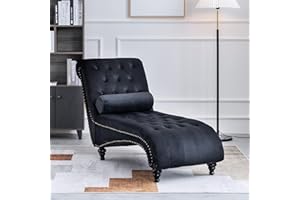 ONPNO Tufted Velvet Chaise Lounge Indoor, Leisure Accent Chair Upholstered Couch with Toss Pillow for Bedrooom Living (Black)