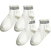 CHUNFO Womens Striped Ruffle Ribbed Crew Frilly Socks Cute Dot Athlete Ankle Cotton Casual Sock Size5-9