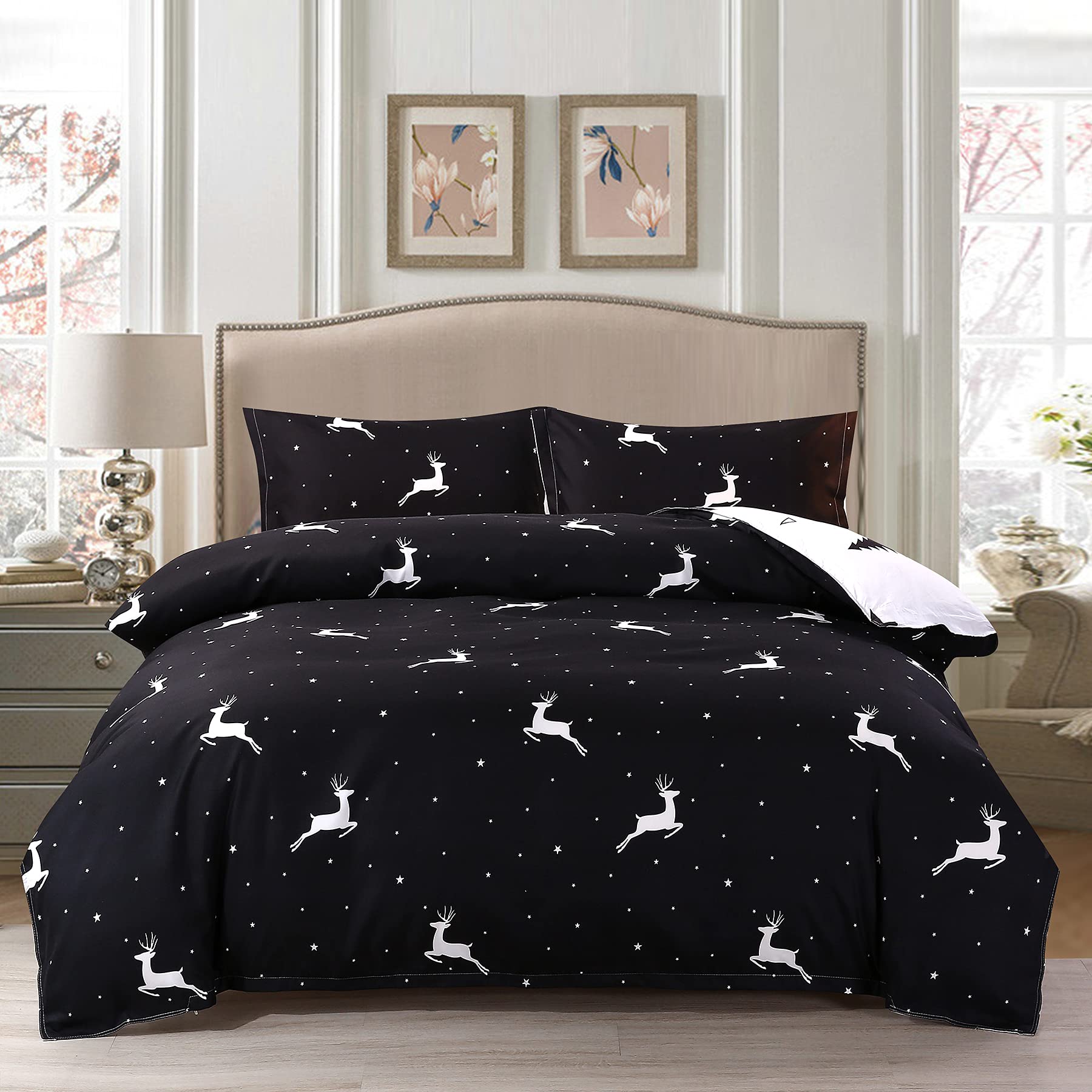 ZIQINPSQ Christmas Duvet Cover Set Christmas Deer Duvet Cover Comforter Cover Bedding Set for New Year Holidy Xmas Gifts (Black, Double)