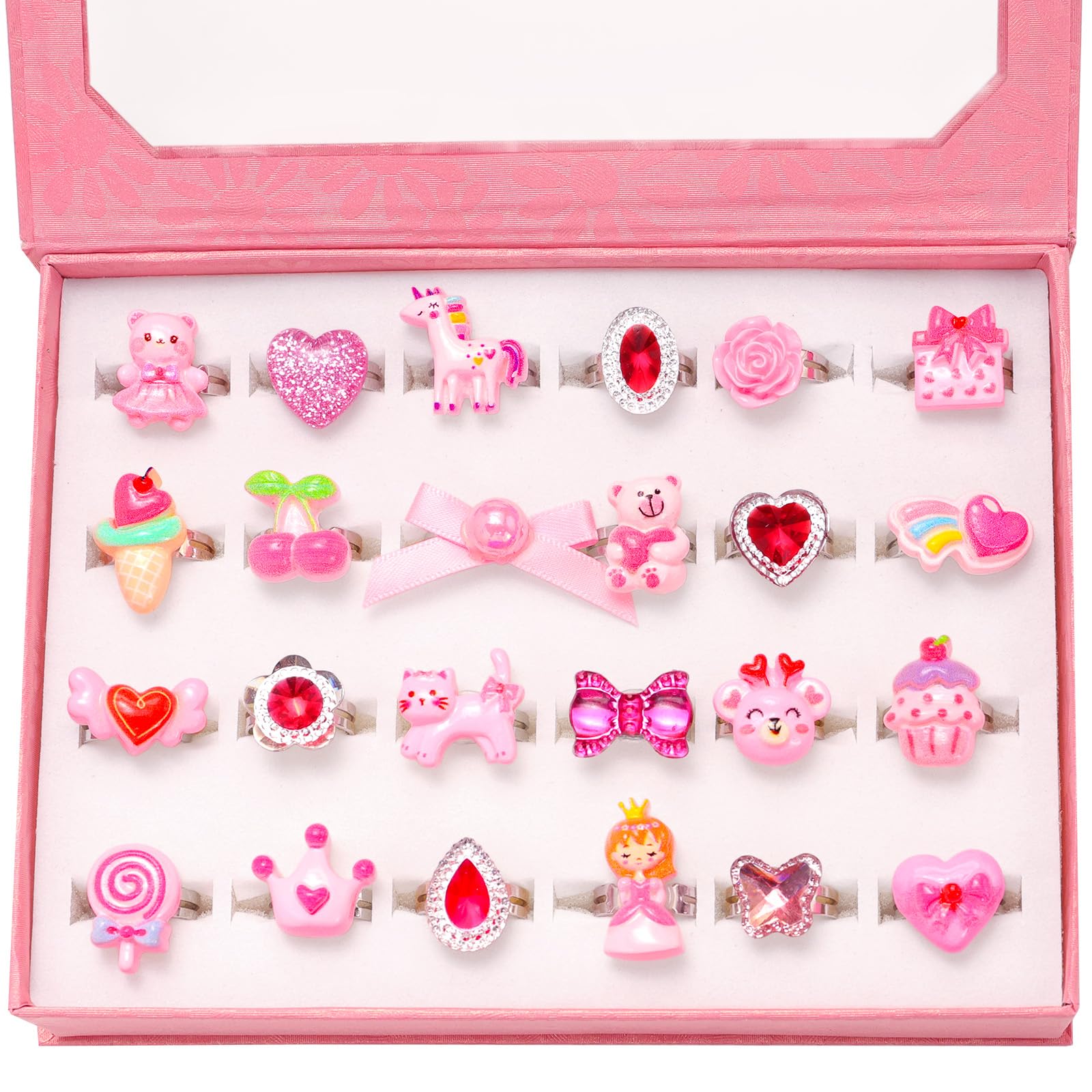 PinkSheep Little Girl Jewel Rings Pink,Adjustable Princess Ring Set in Gift Box,Kids Dress Up Rings for Ages 3-12 with Hearts, Crowns, Cats Pretend Play Gift