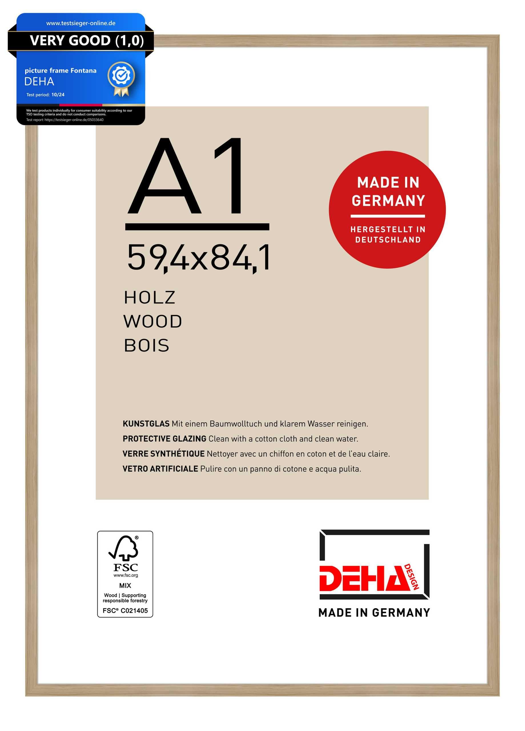 DEHA Design Fontana Wooden Picture Frame - A1 (59.4x84.1 cm) – Oak - with Synthetic Glass and Push/Turn Clips