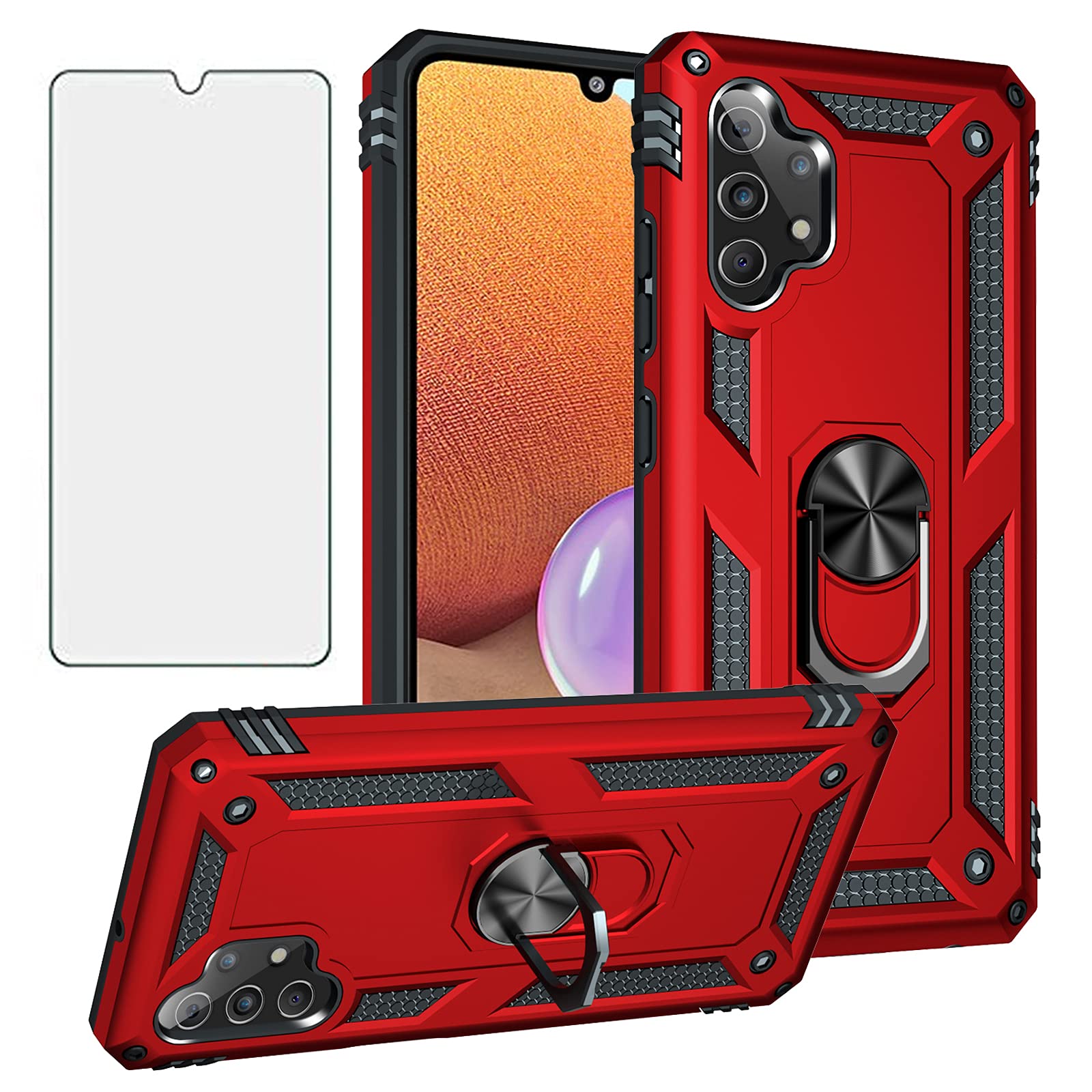 Asuwish Compatible with Samsung Galaxy A32 5G 6.5 inch Wallet Case Tempered Glass Screen Protector and Leather Flip Cover Card Holder Stand Phone Cases for Glaxay A 32 32A S32 G5 A326U Women Men Red