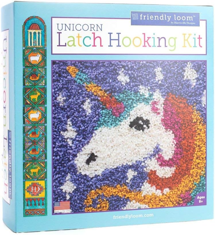 Harrisville Designs Friendly Loom Unicorn Latch Hooking Kit with 2-Ply Wool Yarn, Weaving Crafts for Kids & Adults
