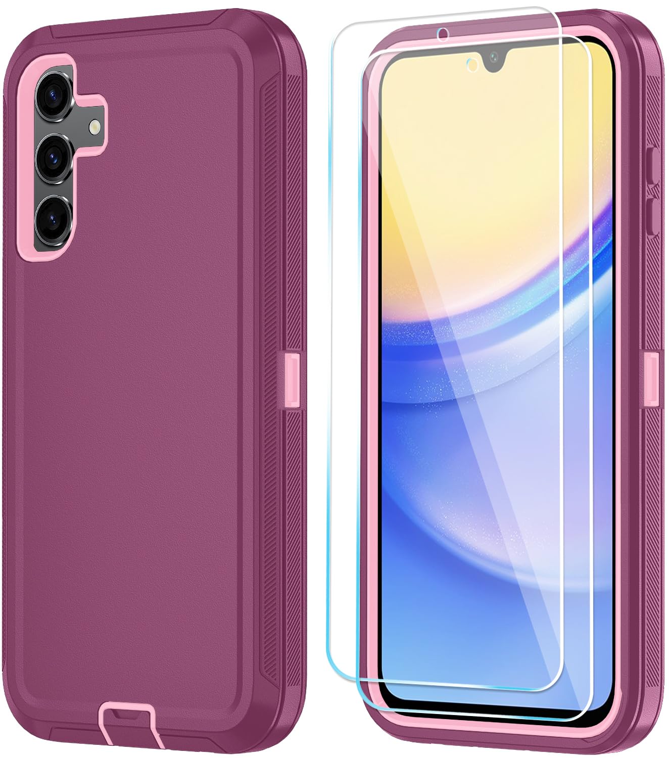 Photo 1 of Qinmay Phone Case for Samsung Galaxy A35 5G Case with HD Screen Protector, Heavy Duty Shockproof & Dropproof 3-Layer Cover Phone Case for Galaxy A35 (WineRedPink)