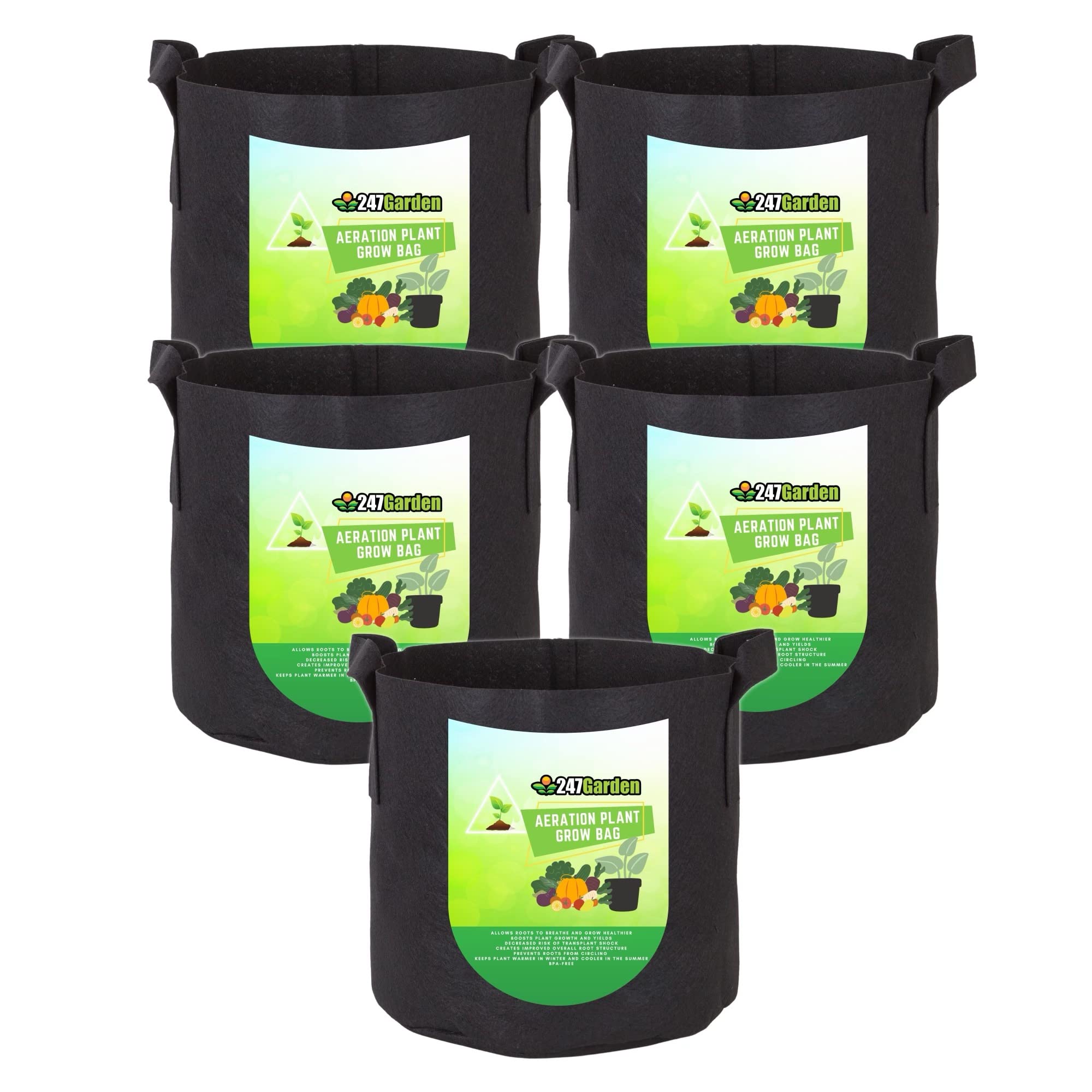 247Garden 5-Pack 3-Gallon Aeration Fabric Pot/Plant Grow Bag w/Handles (260 GSM, Black, 9H x 10D)