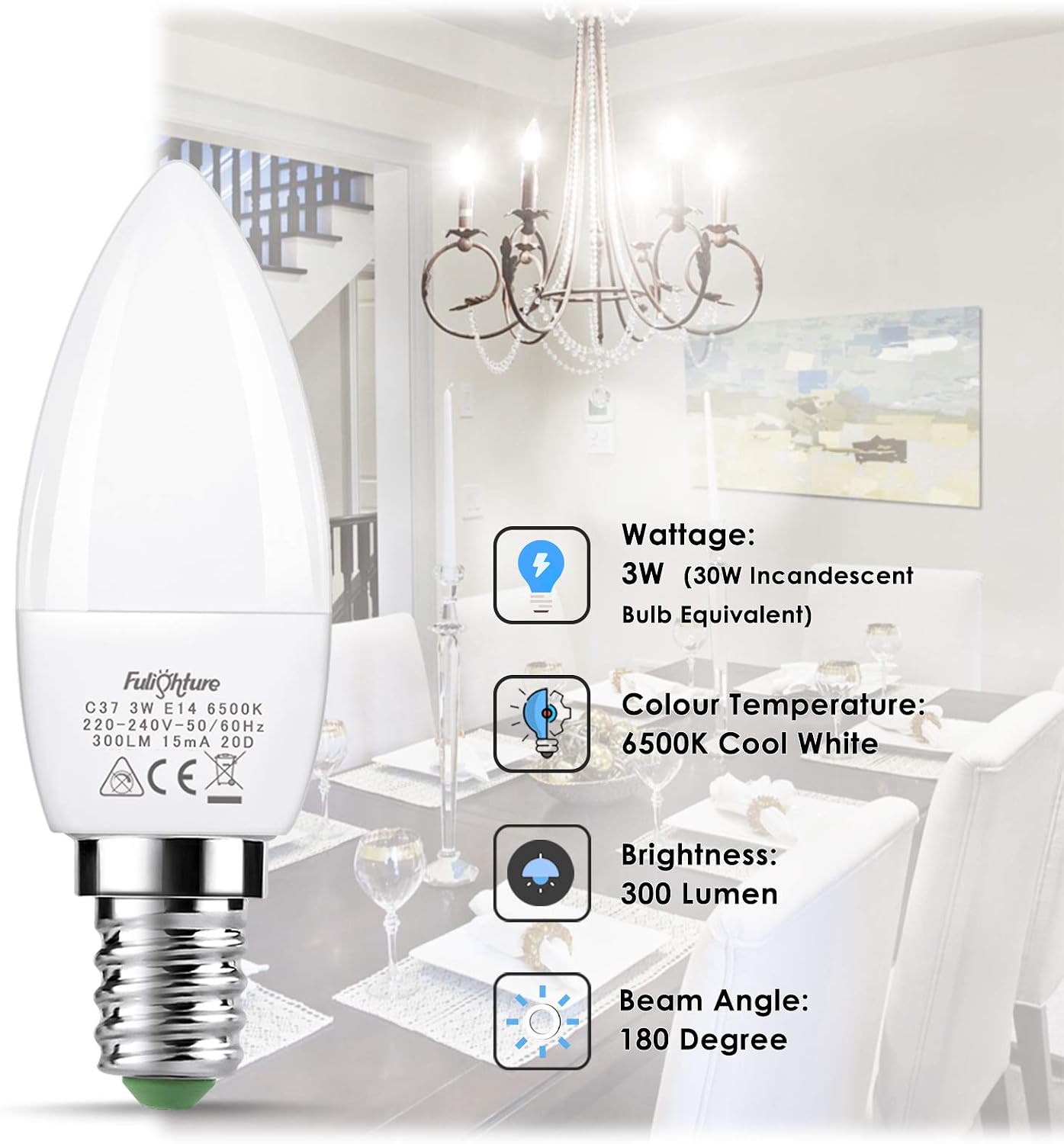 Fulighture E14 Candle Bulb 6 Pack, Cool White 6000K, 4W 400lm, Non-Dimmable, Candle Light Bulbs for Chandeliers Wall Lamps - Image 3