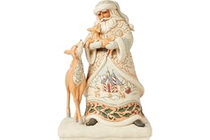 Enesco Jim Shore Heartwood Creek White Woodland Santa Holding a Fawn Figurine- Stone Resin Hand Painted Crafted Collectible Santa Figurines Christmas Home Decor Statue, 10.63 Inch