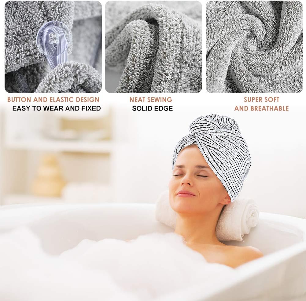 3 Pack Hair Towel Wrap for Women, Ultra Soft Hair Drying Towels, Anti-Frizz & Super Absorbent Hair Turban, Suitable for Curly, Long & Thick Hair (Gray&Dark Gray&Stripe): Kitchen & Dining