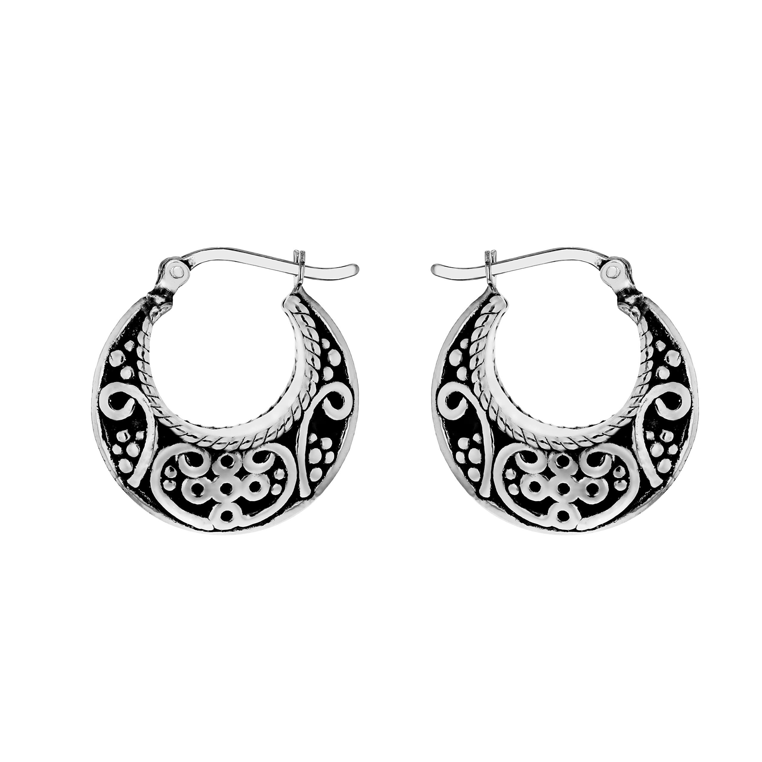 Tuscany Silver Women's Sterling Silver Oxidised Antique Style Patterned Creole Earrings, 21.5 x 23.5 mm