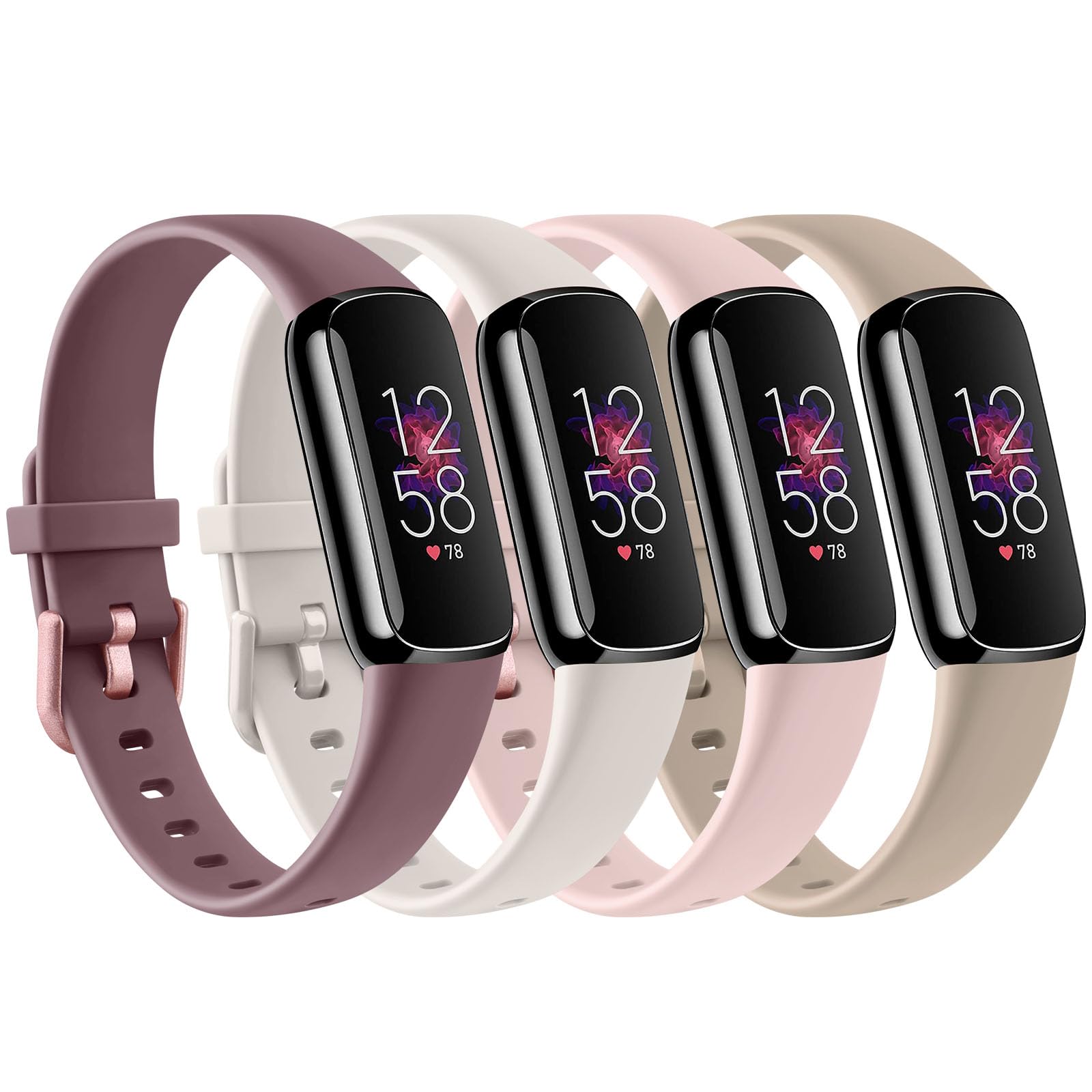 AK Straps Compatible with Fitbit Luxe Strap for Women Men, Pack 4 Soft Silicone Adjustable Sport Replacement Wrist Bands for Fitbit Luxe Only (Small, Starlight/MilkTea/Violet Smoke/Nude Pink) — image 1