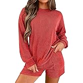 miduo Womens 2 Piece Sets Ribbed Textured Knit Long Sleeve Shirts and Shorts Matching Lounge Set Loungewear with Pockets