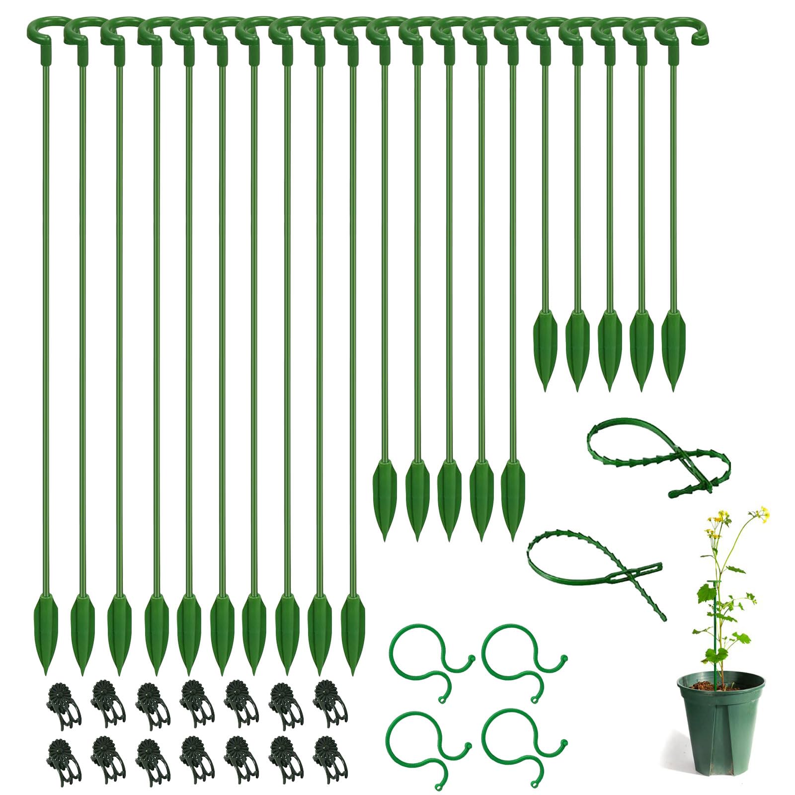 iwiio 20 Pack Plant Sticks Support with Plant Clips, 17cm 27cm 37cm Plant Support Stakes, Plant Stakes for Indoor and Outdoor Plants, Tomatoes/Beans/Orchid/Vegetable Stakes for Garden