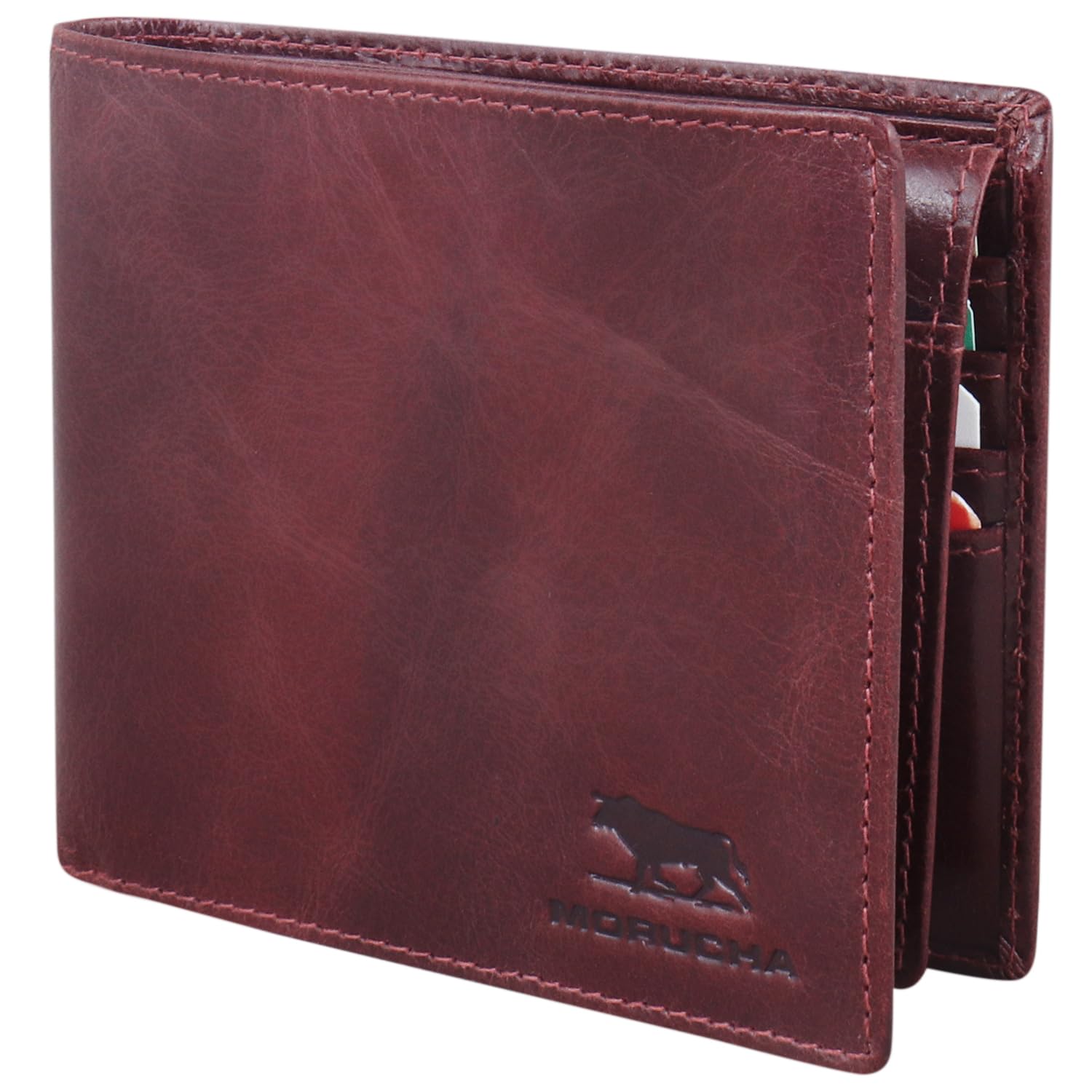 MORUCHA Mens RFID Blocking Real Soft Leather Passcase Wallet M-115 Burgundy