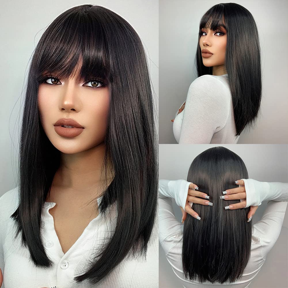 HAIRCUBE Natural Straight Shoulder Length Wig with Bangs Black Wigs for Women Synthetic Fiber Party/Cosplay/Costume/Daily