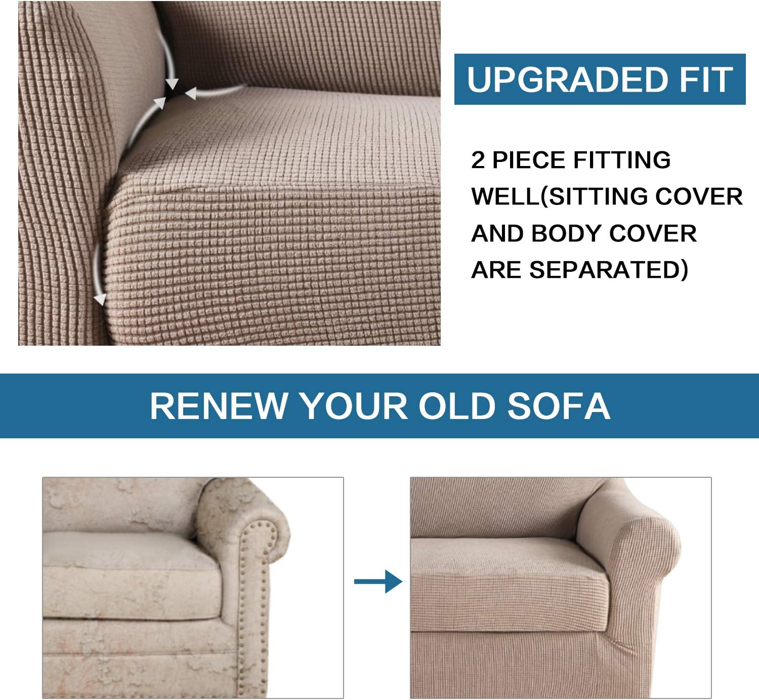 H.VERSAILTEX Stretch Sofa Covers 2 Piece for 3 Cushion Couch Covers Sofa Slipcovers Furniture Covers (Base Cover & Seat Cushion Cover) Feature Deluxe Textured Jacquard (Standard Sofa, Sand): Kitchen & Dining
