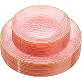 Rubtlamp 60Pcs Pink Plastic Plates,Clear Pink Plates With Gold Rim,Hammered Gold Plates Include 30Pink Plastic Dessert Platos, 30Gold Dinner Platos For Party