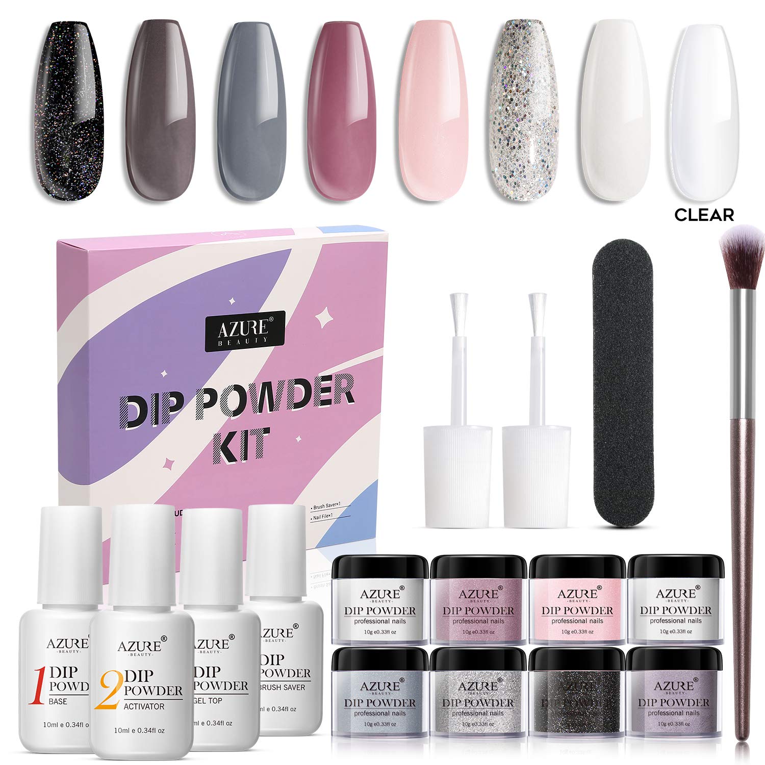 AZUREBEAUTY Nude Gray 8 Colors Dipping Powder Nail Starter Kit Acrylic Dipping Powder System Essential Kit for French Nail Manicure Nail Art Set