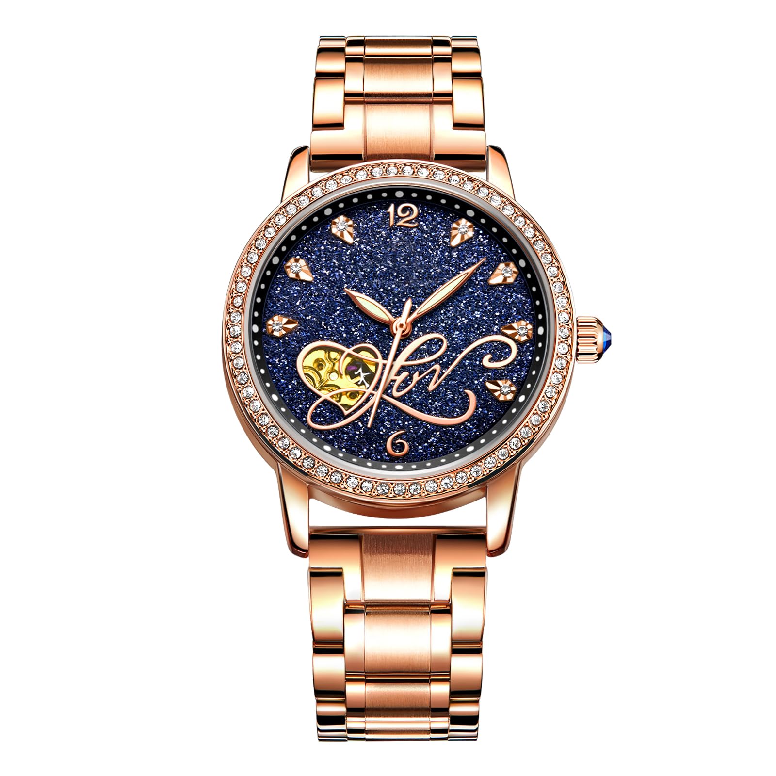 RORIOS Women Automatic Mechanical Watch Shining Starry Sky Luminous Simulated Diamond Dial Stainless Steel Strap Ladies Wristwatches